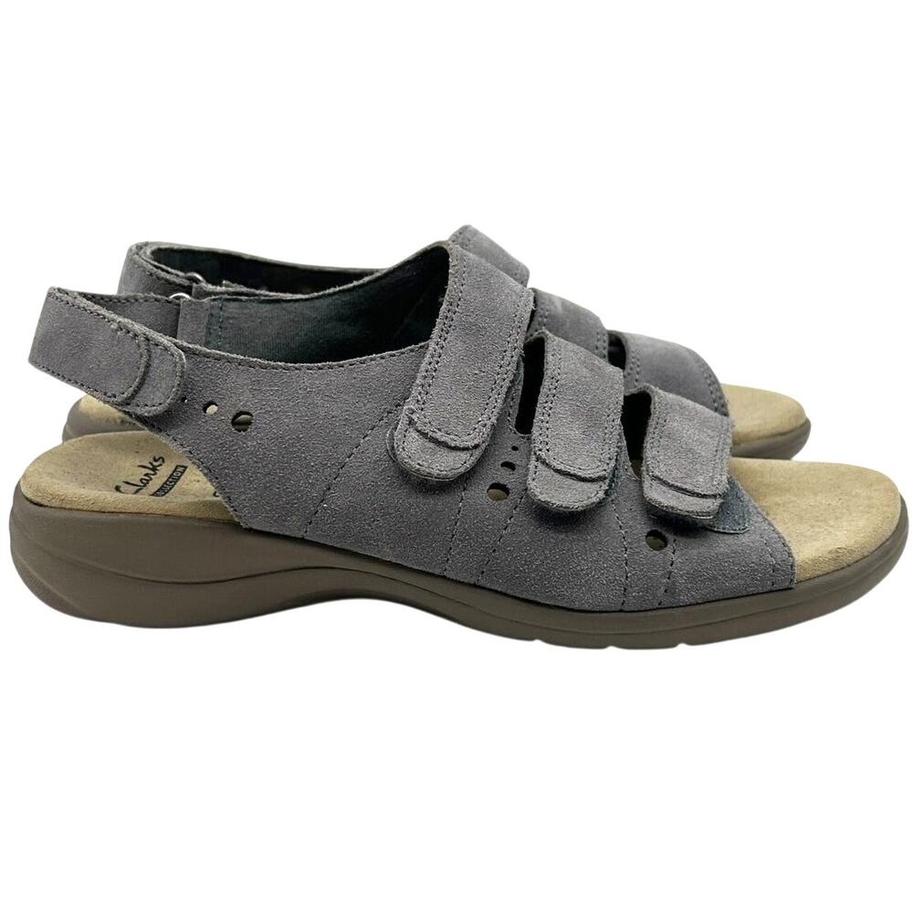 Clarks Saylie Witman Fisherman 7.5 Sandals Grey Suede Adjustable Strap Summer